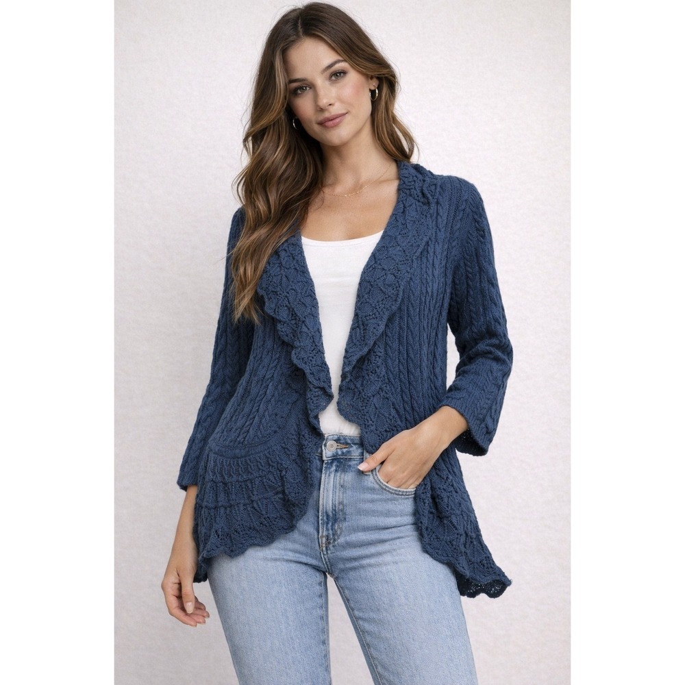 LRL Ralph Lauren Cable Knit Ruffle‎ Waterfall Cardigan Blue 3X